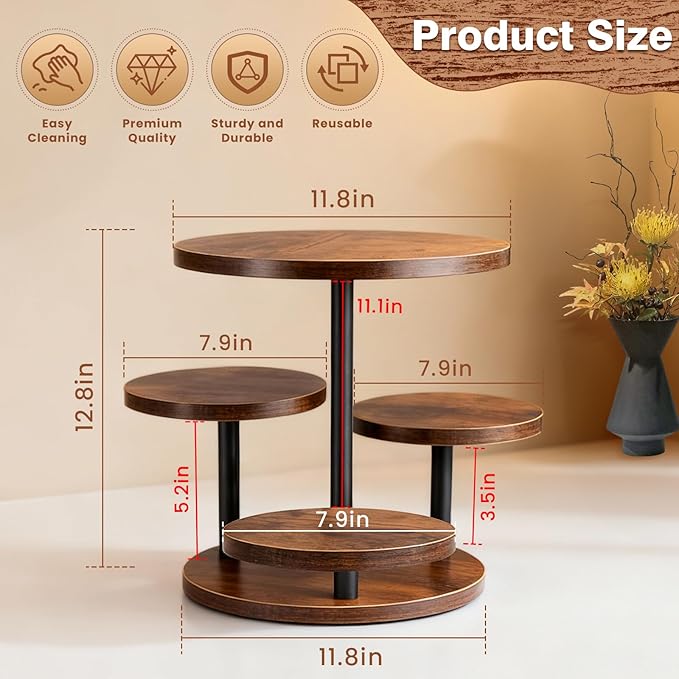 CMOOD 4 Tier Round Cupcake Tower Stand, Wooden Cupcake Stands for 50 Cupcakes, Rotatable Wood Dessert Display with Tiered Tray, Wooden Cake Tier Stand for Wedding Birthday Party Graduation