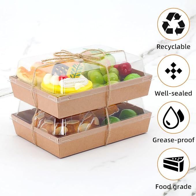 7x5x2.5 Charcuterie Boxes with Clear Lids, Large Disposable Bakery Dessert Boxes, Bakery Take Out Containers, To Go Food Container for Chocolate, Sandwich, Cookie, Cupcake, Pastries (25, Brown)
