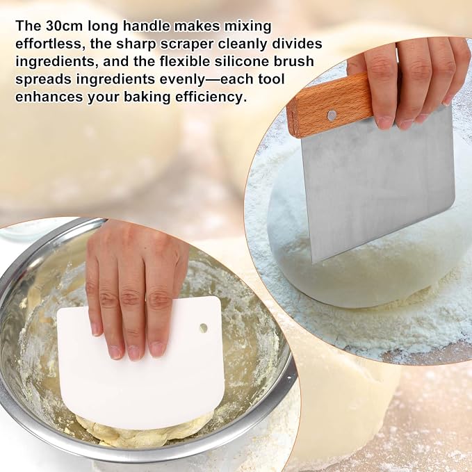 Danish Dough Whisk Set, Stainless Steel Bread Whisk Sourdough Mixer with Cutter Scraper Pastry Brush Knife & Storage Bag for Cooking Baking