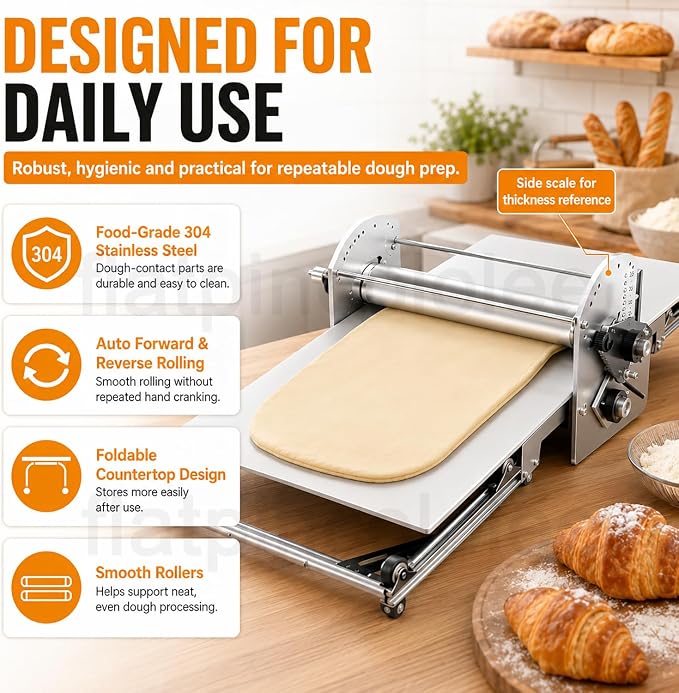40" Commercial & Home Electric Dough Sheeter, Foldable Dough Roller Machine, Food-Grade Stainless Steel, Adjustable Thickness for Croissants, Puff Pastry, Pasta Sheets, Tortillas, Roti