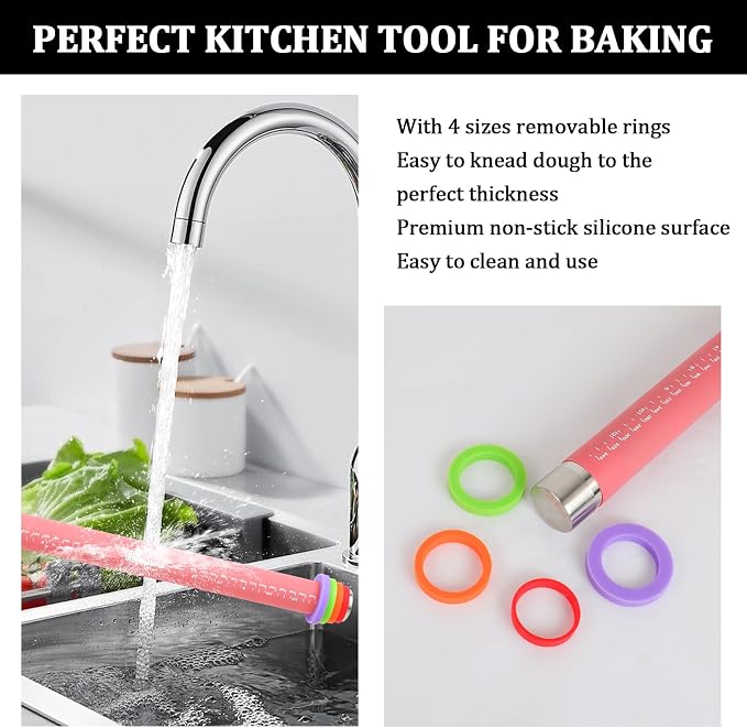 3 Pcs Adjustable Rolling Pin Set with Thickness Rings,15 Inch Silicone Rolling Pin for Dough,Non Stick Baking Roller for Cookies, Pizza, Pie Crust, Pastry, Fondant, Pasta, Kitchen Baking Tool