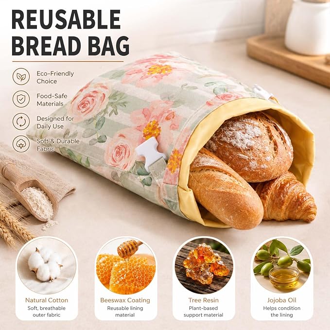 2 Pack Reusable Beeswax Bags for Sourdough Bread, 17"x 12", Floral | Bread Storage Bags with Zipper and Buckle, Wax-Lined Cotton-Linen Bags for Baguettes, Bagels, and Pastries