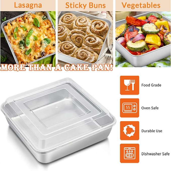 E-far 8 x 8-Inch Square Baking Pan with Lid, Stainless Steel Square Cake Brownie Pan, Fit for Toaster Oven, Non-toxic & Healthy, Easy Storage & Dishwasher Safe - 2 Pieces