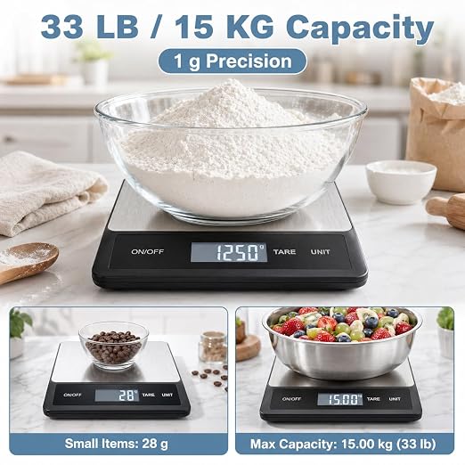 33LB/15KG Digital Kitchen Scale, USB Rechargeable Stainless Steel | 1g precision food scale with tare, 6 units and easy-clean platform for cooking, baking, meal prep and portion control