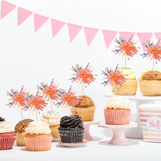 Gyufise 30Pcs Foil Firework Cupcake Toppers Sparkle Tinsel Cake Toppers Tinsel Drink Cake Decoration Cocktail Picks for Birthday Wedding Graduation Party Supplies Orange