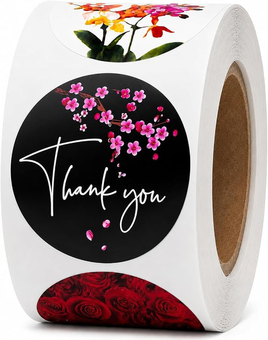 IBAKE Thank You Stickers Roll, 500 Floral Thank You Labels, 1.5 Inch Waterproof Stickers for Small Business Packaging, Gift Bags, Envelopes, Orders & Handmade Products, 8 Elegant Flower Designs