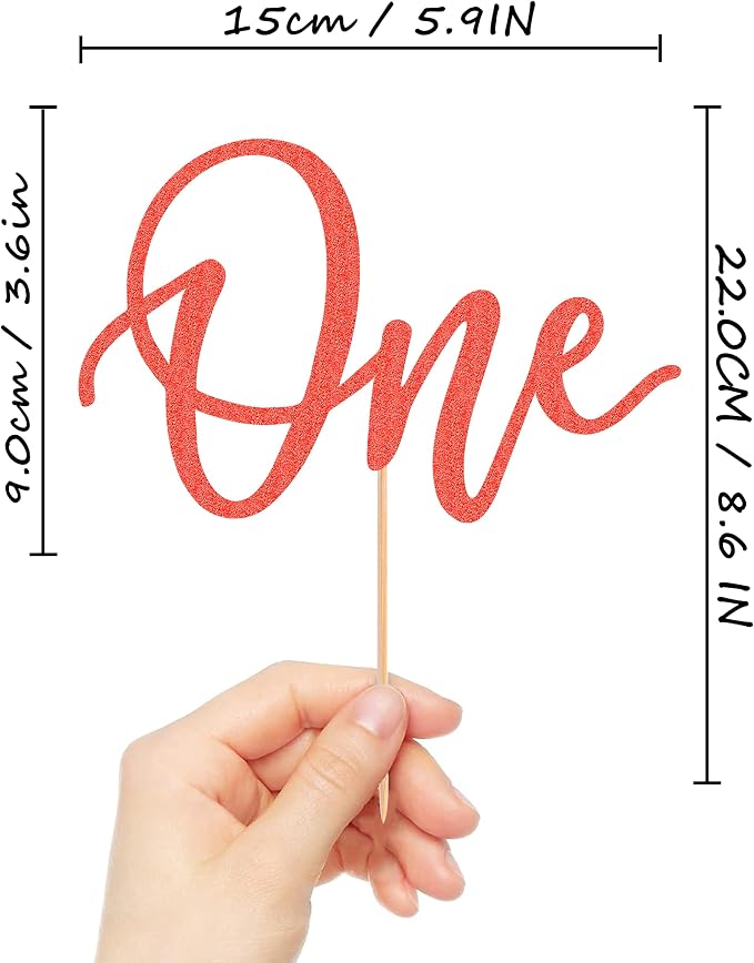 MYAMPED First Birthday Cake Topper - Glitter Red One Sign 1st Birthday Decorating Supplies for Baby Shower, Gender Reveal, Party or Photo Booth Props (Red)