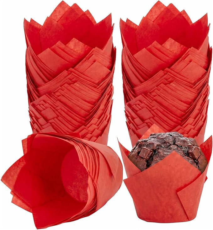 200 Pcs Red Tulip Cupcake Liners for Baking, Standard Size | Standard Greaseproof Tulip Muffin Liners for Baking, 3oz Red Paper Cupcake Wrappers for Party Wedding Birthday