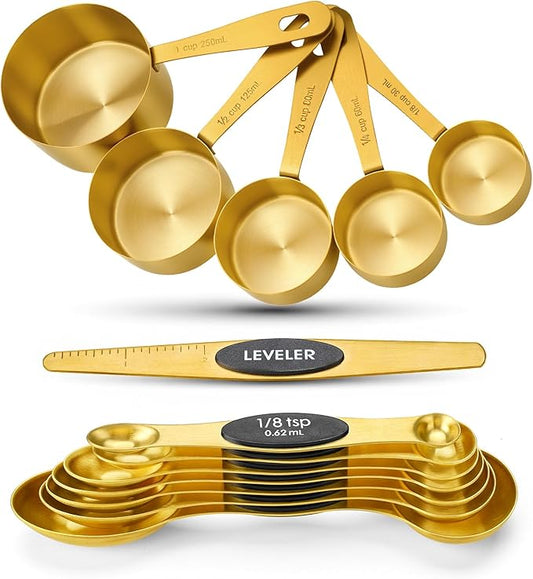 Gold Measuring Cups and Spoons, Set of 13, Including 8 Dual Sided Magnetic Measuring Spoons set with Leveler, 5 Measuring Cups, Stainless Steel Kitchen Gadgets for Liquid & Dry Ingredients