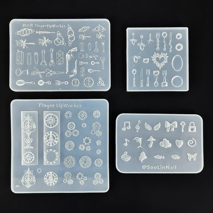 4Pcs Nail Art Silicone Molds 3D Charms Steampunk Gear Cutlery Cute Shapes for UV Gel Acrylic DIY Crafting Jewelry Making