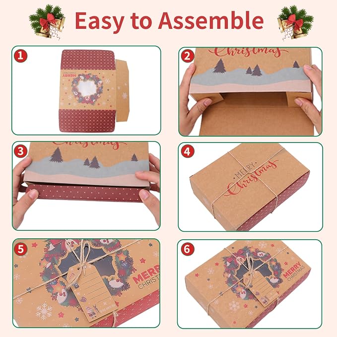 12 PCS Christmas Cookie Boxes for Gift Giving, Christmas Bakery Treat Boxes with Window, Holiday Cookie Boxes with Ribbons and Tags for Xmas Party Supplies Cookie Containers Treat Tins