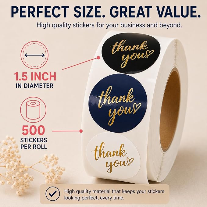 500 PCS Thank You Sticker Labels Roll – 1.5 Inch Round Gold Foil Stickers with Heart Design, 4 Colors for Small Business Packaging, Envelopes, Gift Bags, Shipping Boxes