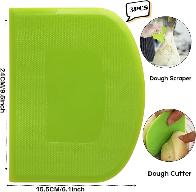 SURDOCA Dough Scraper Bench Scraper - 3P 9.5x6.1" Plastic Flexible Bowl Scraper, Sharp Edge & Angles Cake Scraper. Non-Slip Bakeware Decorating Tools Sculpting & Modeling Tools - Yellow+Green+Yellow
