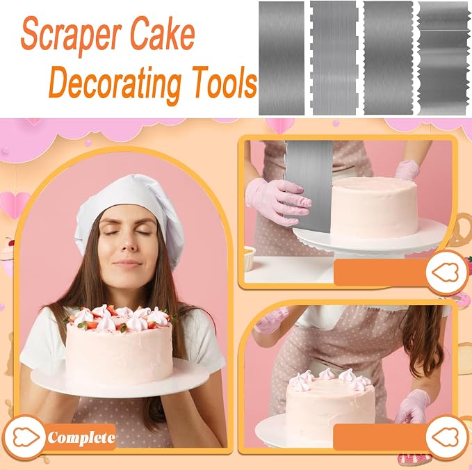 Stainless Steel Cake Scraper, 9 Inch Large Cake Smoother Scraper Contour Double Sided Patterned Edge Stripe Tool Pastry Cutter in 6 Patterns for Different Shapes of Comb Cake Edges (4 Pieces, 9 Inchs)