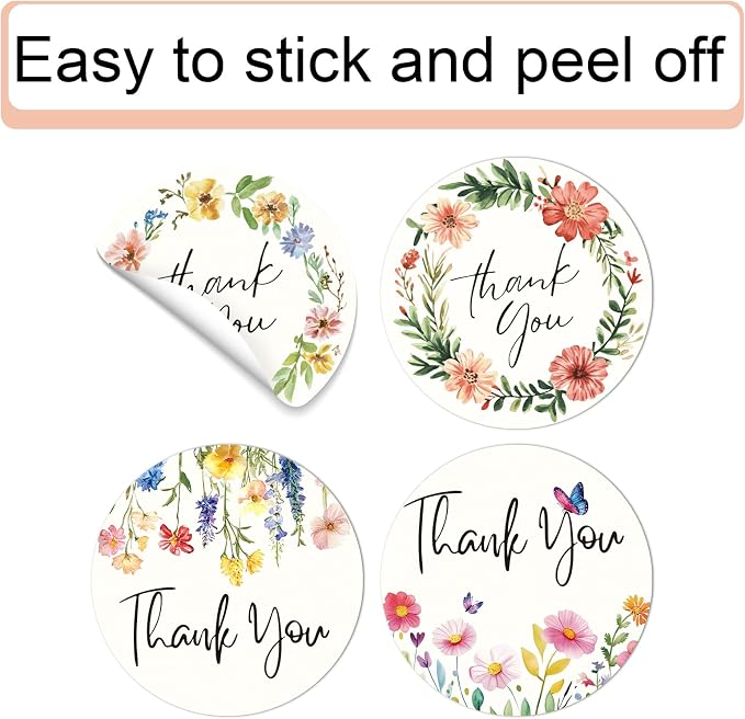 Louise Maelys 1.5" Thank You Stickers Roll - 500 PCS Flowers Stickers Labels with Floral Designs for Small Business, Bakery, Handmade Crafts, Envelopes (4 Repeating Patterns)