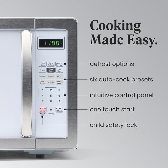 Farberware 1.1 Cu. Ft. Countertop Microwave Oven – 1000 Watts Power, Auto Cook Settings, Defrost, Easy Clean and Child Safety Lock - White Platinum