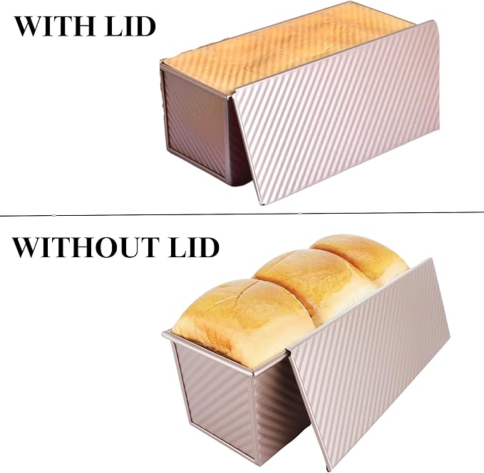 Pullman Loaf Pan with Lid, 13x4.7 Inch 2.2LB Nonstick Sandwich Bread Pan with 3 Dough Scrapers, Heavy Duty Square Toast Box for Sourdough & Homemade Bread Baking