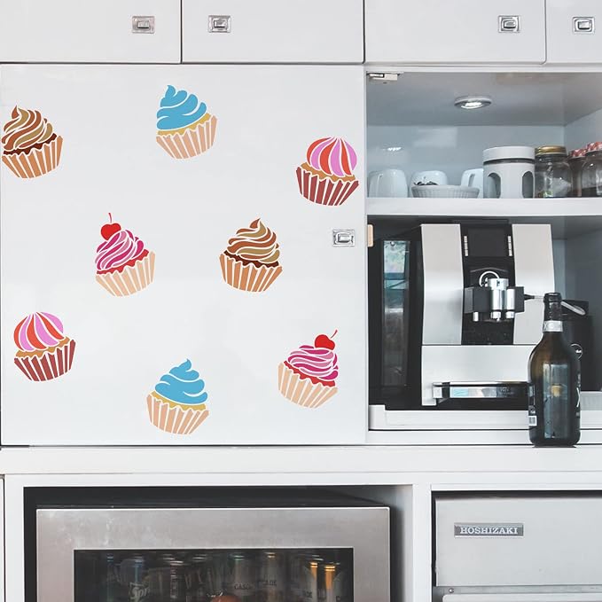 FINGERINSPIRE Cupcake Stencil for Painting 11.8x11.8 inch PET Hollow Out DIY Cupcake Home Decor Cream Cherry Drawing Stencil Reusable Cake Art Craft Stencils for Wall Cabinet Canvas Bag Paper Decor