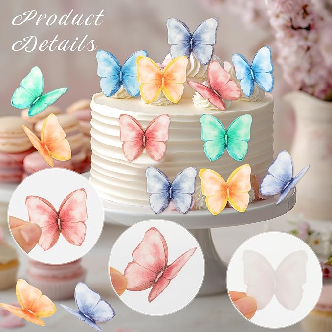 70Pcs Edible Butterfly Cupcake Toppers, Wafer Paper Butterfly Cake Toppers Edible Butterflies for Cake Decorating Wedding Birthday Party Baby Shower Cookies