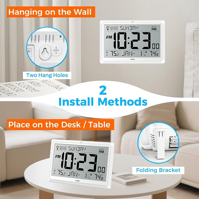 HODIK Wall Clock Atomic with Indoor Outdoor Temperature Battery Powered, Easy Reading with 10.5 Inch LCD Display, 330FT Range Table Wall Clock with DST, 12/24 Hour for Living Room Kicthen (White)