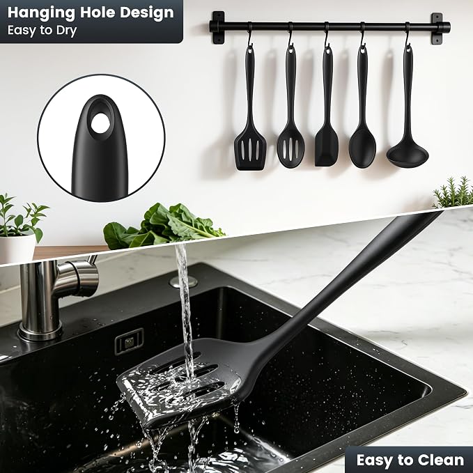 Silicone Kitchen Utensils Set, 5 PCS Heat Resistant Non Stick Cooking Tools, Silicone Spatula/Turner/Serving Spoon/Soup Ladle/Slotted Spoon, for Home and Camping