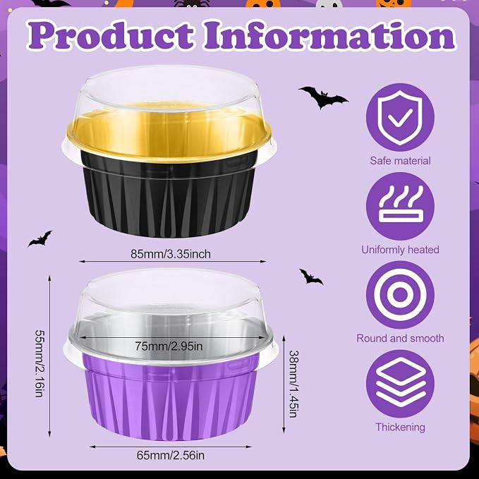 200 Pack Aluminum Foil Cupcake Liners with Lids, 5 oz Round Baking Cup, Disposable Ramekin Container for Graduation Wedding Independence Day Party(Purple and Black,Halloween)
