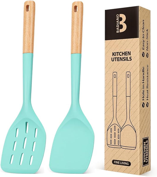 Pack of 2 Silicone Spatula, Non Stick Cooking Utensil Set Stainless Steel Handle Kitchen Turner for Baking Mixing Grilling Serving Food Heat Resistant Non Scratch Hooks Included (Green)