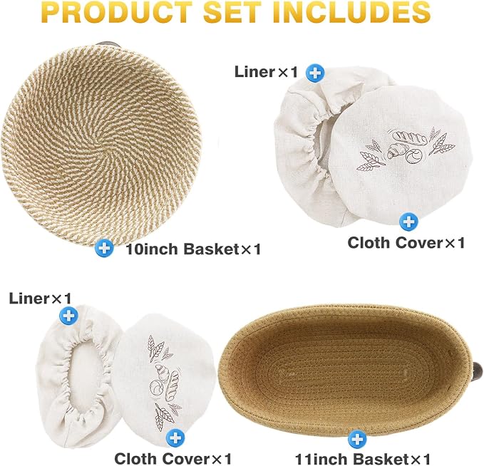 Nikkar Banneton Bread Proofing Basket Set of 2, 10 Inch Round 11Inch Oval | Cotton Rope Sourdough Bread Baking Supplies Proofing Bowls with Liners & Covers Gifts for Bakers Women Wife Mom