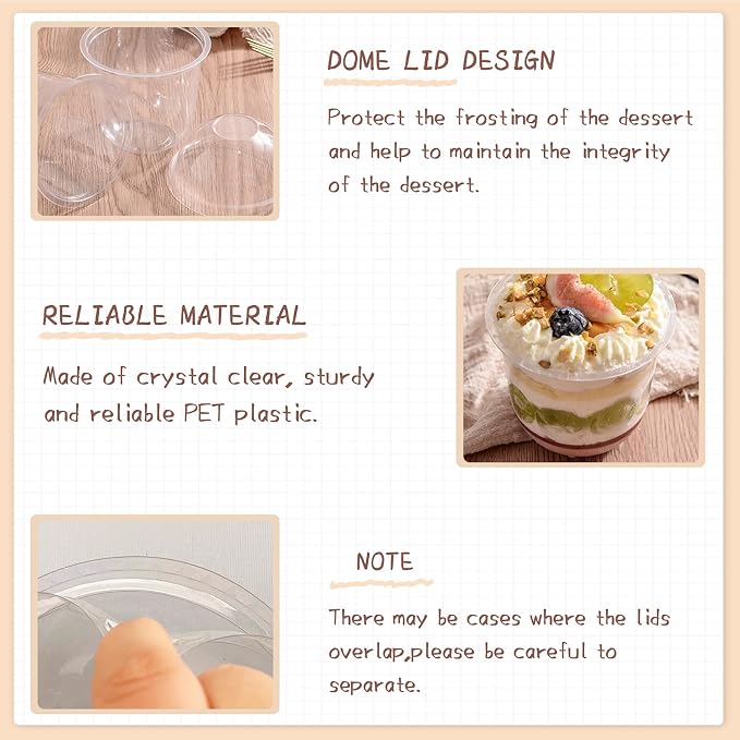 Jnnzzggu 100 Pack 12OZ Clear Plastic Cups with No Hole Dome Lids and Sporks,Disposable Dessert Cups,Yogurt Parfait Cup for Cupcake,Pudding,Iced Cold Drinks,Coffee,Juice,Snacks,Fruits,Ice Cream