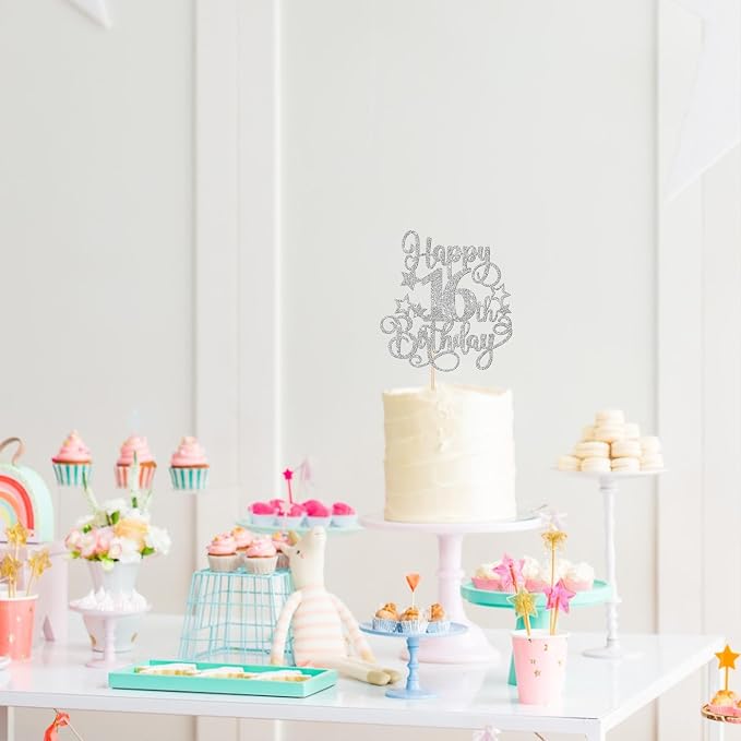 1 PCS Happy 16th Birthday Cake Topper Glitter Cheers to 16 Years Birthday Cake Pick Hello 16 Fabulous Cake Decoration for Happy 16th Birthday Anniversary Party Decorations Supplies Silver