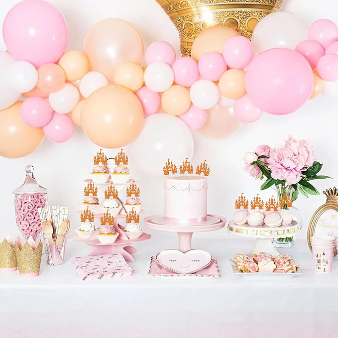 24 PCS Castle Cupcake Toppers Glitter Princess Cupcake Toppers Castle Theme Birthday Party Decoration Princess Happy Birthday Cake Decoration for Baby Shower Princess Birthday Party Supplies Orange