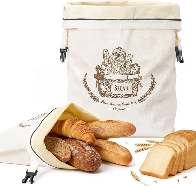 VIS'V Linen Cotton Beeswax Bread Bag with Zippper, 16.7 x 12.8 In, 1 Pcs | XL Size, Dual Seal, Reusable, Freezer Safe, Fits for Homemade Breads, Sourdough, Store Bought Breads