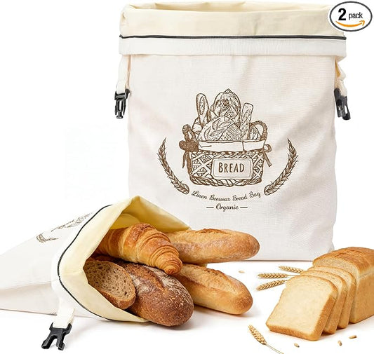 VIS'V Linen Cotton Beeswax Bread Bags with Zippper, 16.7 x 12.8 In, 2 Pcs | XL Size, Dual Seal, Reusable, Freezer Safe, Fits for Homemade Breads, Sourdough, Store Bought Breads