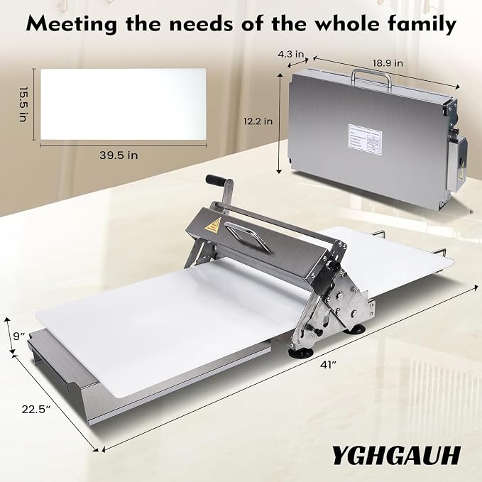 New Upgraded 15.5" Folding Dough Sheeter, Thickness Adjustable Manual Dough Roller, Machine Stainless Steel Sheeter, Baking Pastries and Bread, for Home and Commercial Bakeries