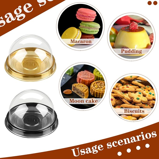 Patelai 200 Pcs Mini Cupcake Boxes Containers Clear Plastic Muffins Cheese Pastry Containers with Dome Lids for Wedding Birthday Party Gifts Supplies, 2.87 x 2.87 x 1.97 Inch (Gold, Black)