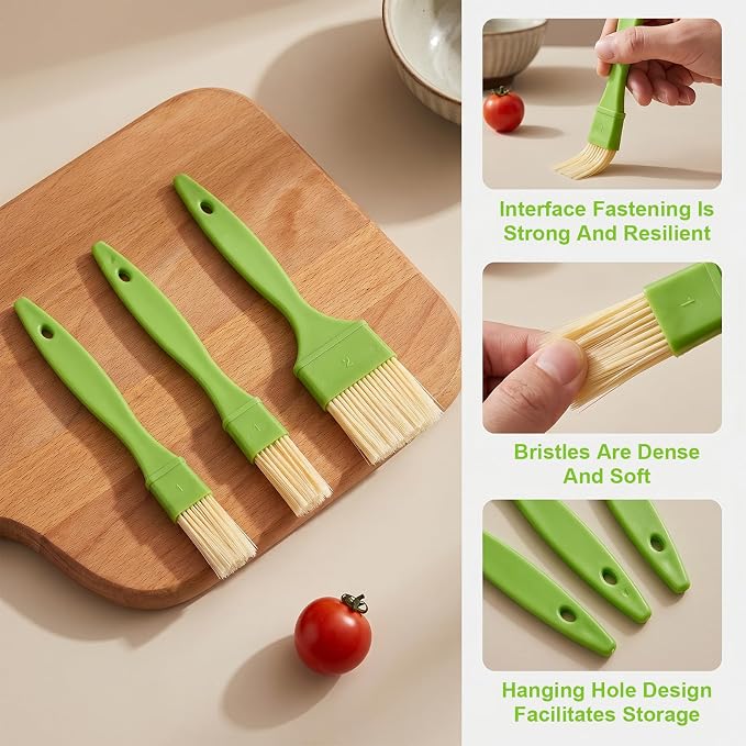 Amaxiu 3 Pcs Pastry Brush Set, 1in and 2in Bristle Basting Brush | 1in and 2in Bristle Basting Brush for Cooking, Heat Resistant, Kitchen Brush for Oil BBQ Butter, with Hang Hole Green