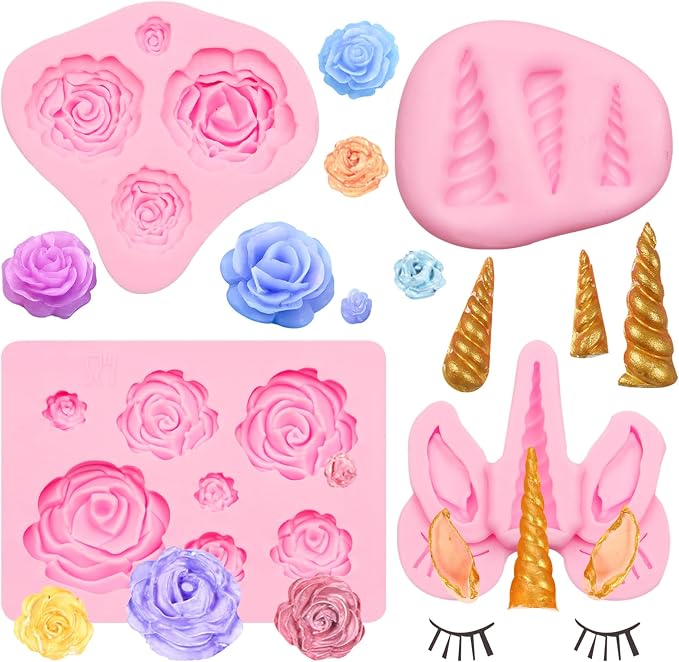 Unicorn Fondant Molds Rose Flowers Silicone Mould for Cake Decoration Chocolate Unicorn Horn Design Cupcake Toppers Clay, Set of 4