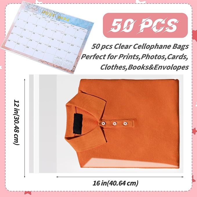50 Pcs Cellophane Bags,12 x16 inches Clear Resealable Cellophane Plastic Bags Resealable Self-Sealing Cello Bag for Packaging Clothing, Decorative Wrappers, Party Favors, Artwork and More