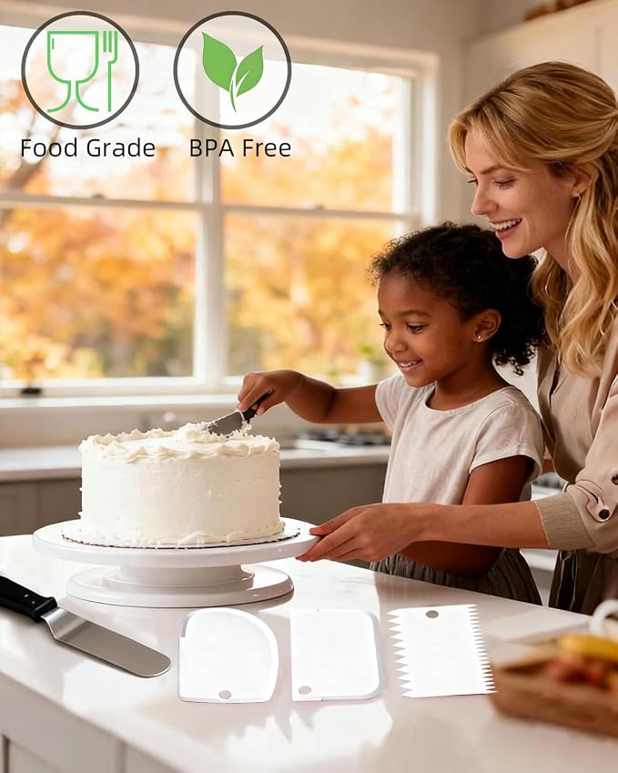 Cake Decorating Kit Baking Supplies Cake Turntable with 2 Frosting Straight Angled Spatula 3 Icing Smoother Scrapers Baking Accessories Tools for Beginners and Pros, White