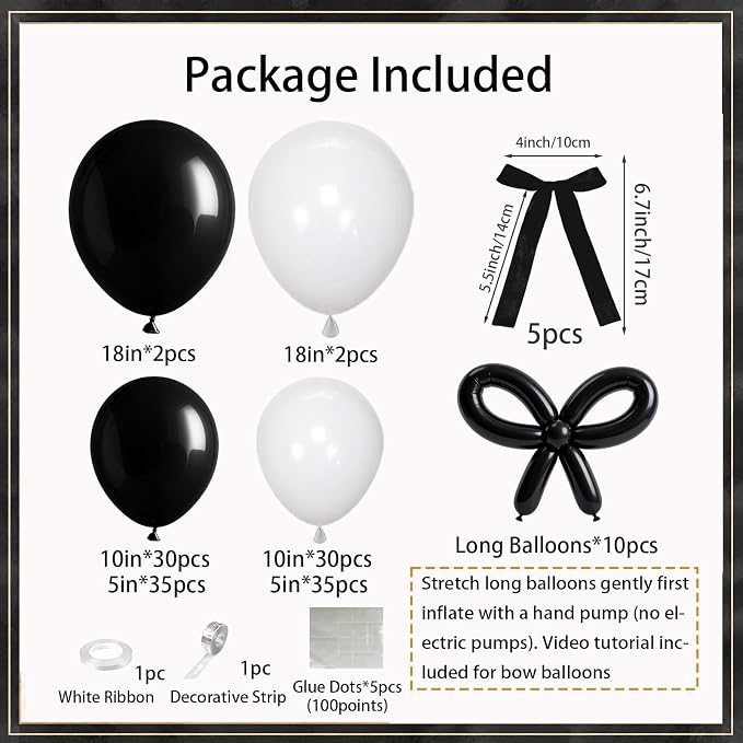Black White Bow Balloon Garland Arch Kit, 149Pcs Coquette Bow Birthday Decorations for Engagement Wedding Bridal Shower Bachelorette Prom Party Decorations with Pre-Tied Bows and Long Balloons