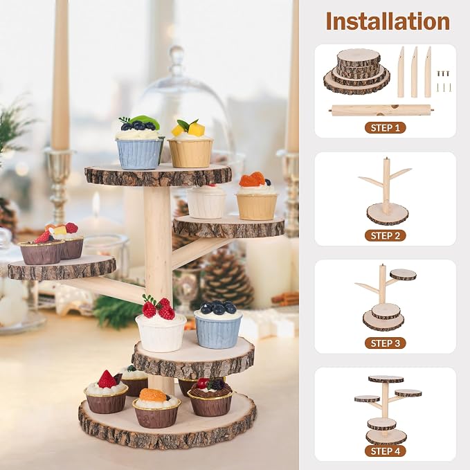 GENMOUS Wooden Farmhouse Style Cake Stand, 5-Tired Wedding Cake Stand Wood & Display Serving Tray Platter, for Appetizers Desserts Charcuterie Board