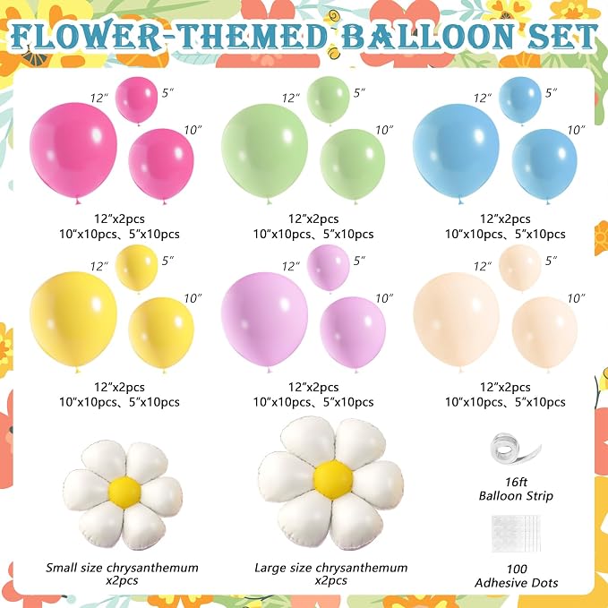 Daisy Flower Spring Balloon Garland Arch Kit, Rose Pink Yellow Green Blue Purple Flower Balloons for Baby in Bloom Baby Shower Floral Daisy Theme Birthday Party Decoration