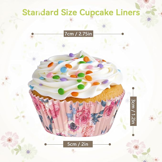Standard Cupcake Liners 100 Pack, Colorful Paper Baking Cups Food Grade Disposable Cupcake Wrappers Floral Muffin Liners for Birthday Tea Themed Party Decor (Floral-4)