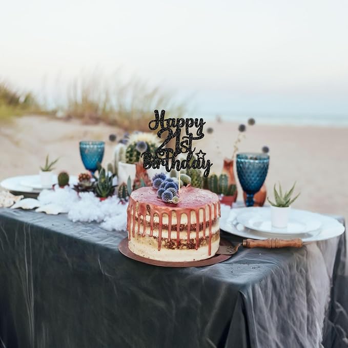 Gyufise 1Pc Happy 21st Birthday Cake Topper Glitter 21 & Fabulous Cheers to 21 Years Old Birthday Cake Pick for Celebrating 21st Anniversary Party Cake Decorations Black