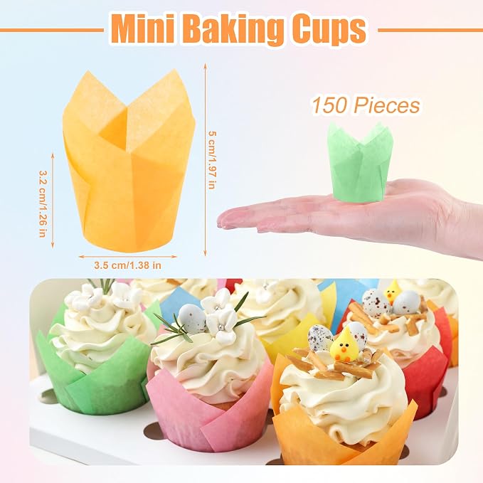 Ruisita 150 Pcs Mini Cupcake Liners Muffin Liners Baking Cups | Tulip Cupcake Liner for Baking Wedding, Birthday, Baby Shower Parties, 6 Colors
