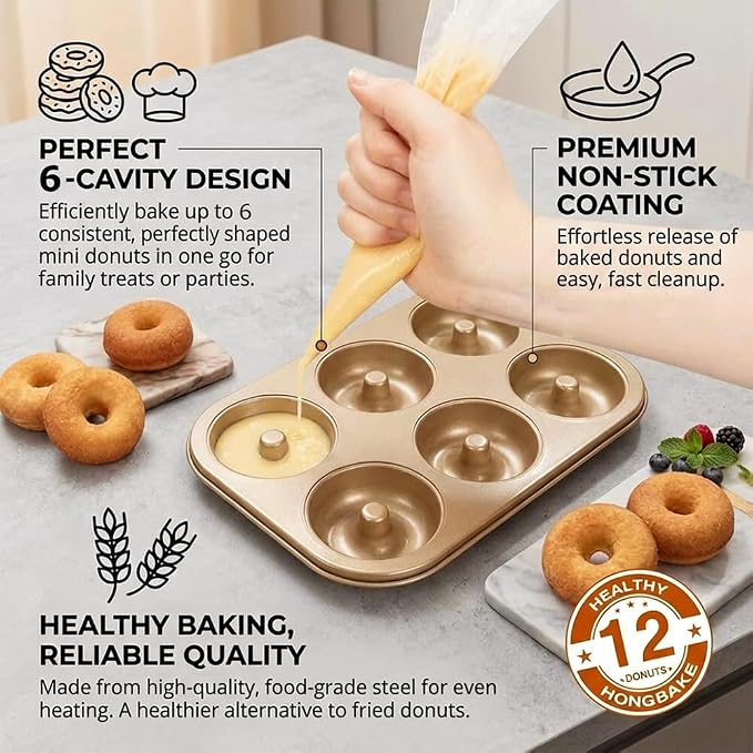 2 Pack Nonstick Donut Pan, 6 Cavity Heavy Duty Steel Mini Bagel Mold, Oven Safe Doughnut Baking Tray (Gold, 6 Cup)