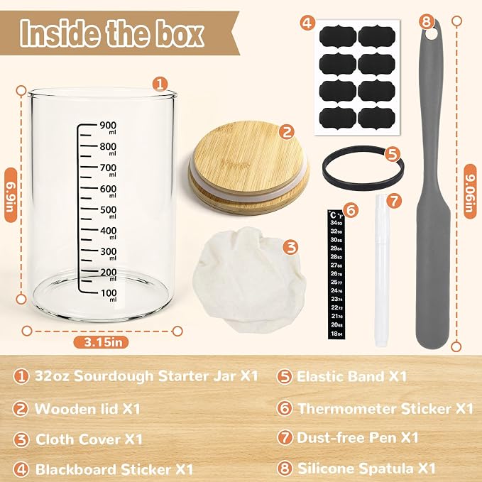 32oz Sourdough Starter Jar Kit with Wooden Lid Breathable Cloth Cover, Glass Fermentation Container with Silicone Spatula, Temperature Sticker Date Feeding Tape for Home Bread Baking
