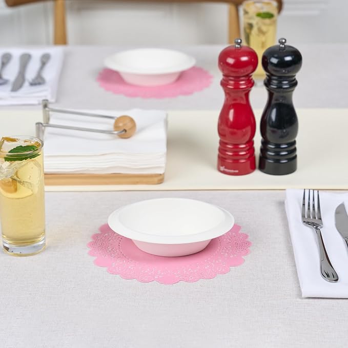 Pastry Tek 8 x 8 Inch Paper Lace Doilies, 4000 Disposable Table Doilies - Elegant Lace Finish, Long Lasting, Pink Paper Doily, for Pastries, Cupcakes, Desserts - Restaurantware