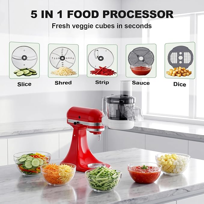 Food Processor Attachment for KitchenAid, 5-in-1 Food Chopper & Dicer with Dicing, Sauce Discs, Slicing, Shredding, Strip Cutting and Storage Box by CoolCook