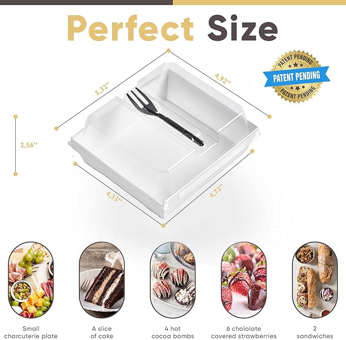 Leafiew 50 Pack Small Charcuterie Boxes with Clear Lids and Forks - To Go Paper Mini Charcuterie Box, Disposable Food Containers, 5Inch Dessert Boxes for Cookie, Cake Slice, Strawberries (White)